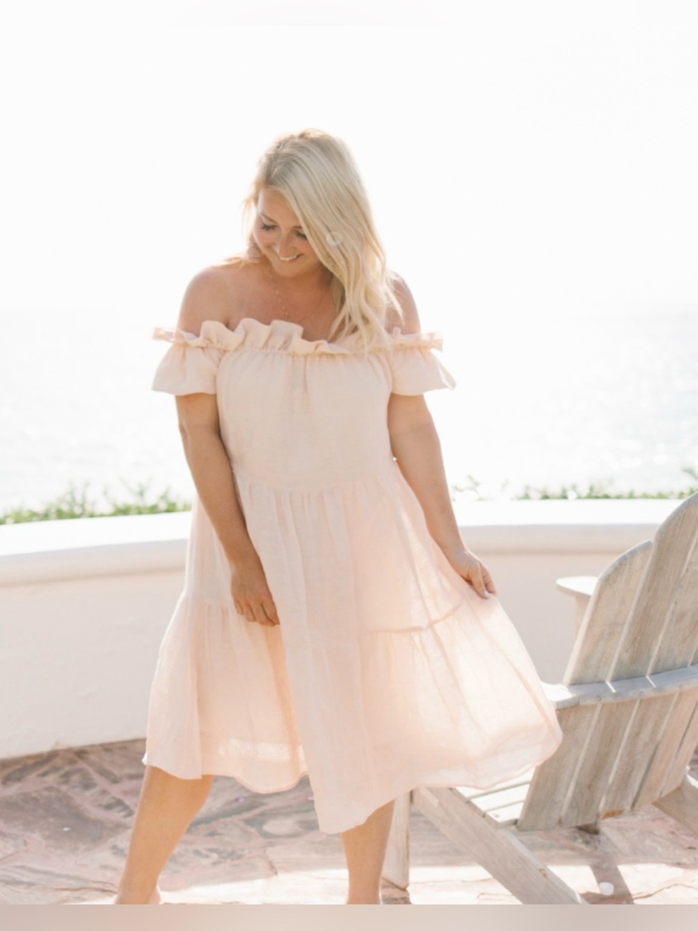 Linen blush pink tiered romantic Off-Shoulder Ruffle Midi pretty girly Dress